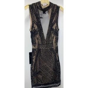NWT BEBE Embellished Sequins Beads Bodycon Mini Dress Plunging Size 0 XS Open Bk